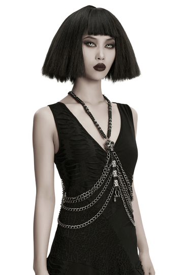Layered Metal Skull Necklace with Gothic Chain Harness